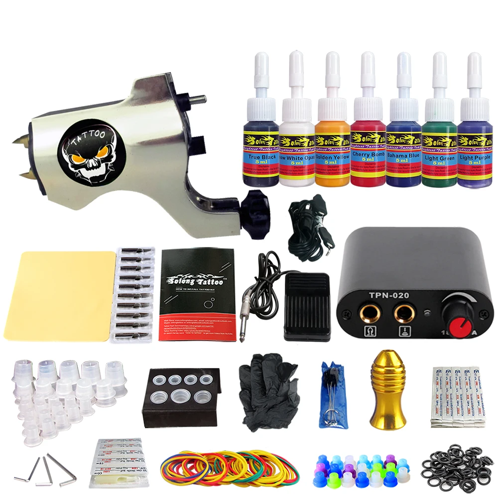 

Complete Tattoo Kit 1 Machine Gun Ink Equipment Needles Power Supply TK105-38
