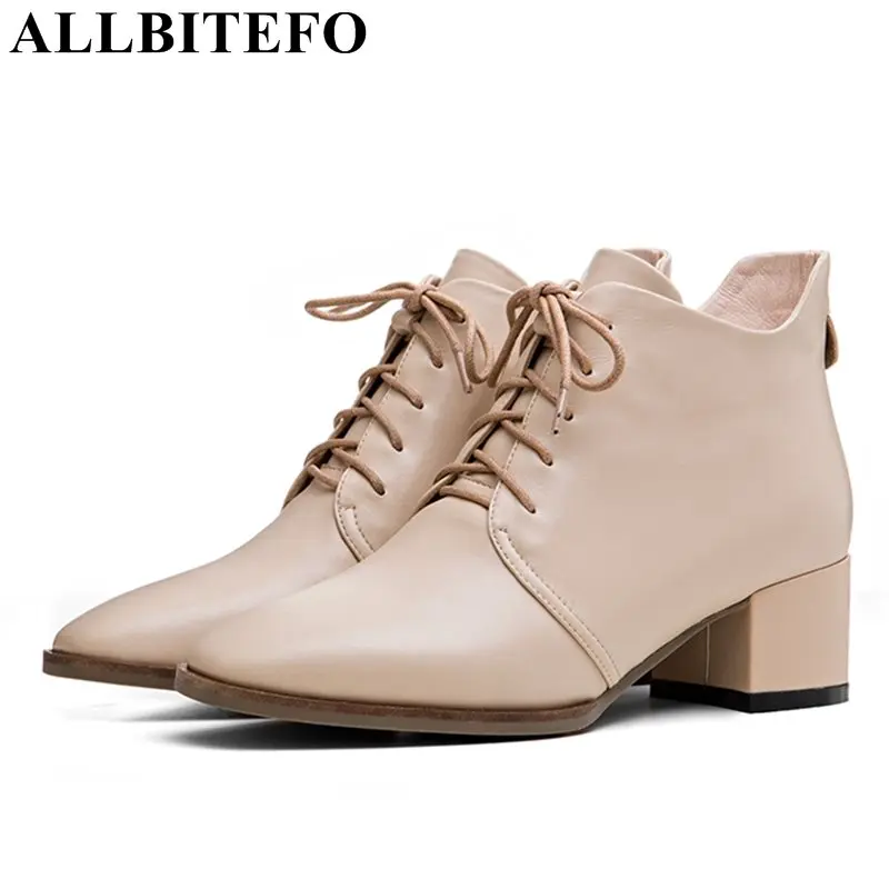 

ALLBITEFO square toe genuine leather thick heel women boots fashion brand medium heel ladies boots girls boots bota de neve