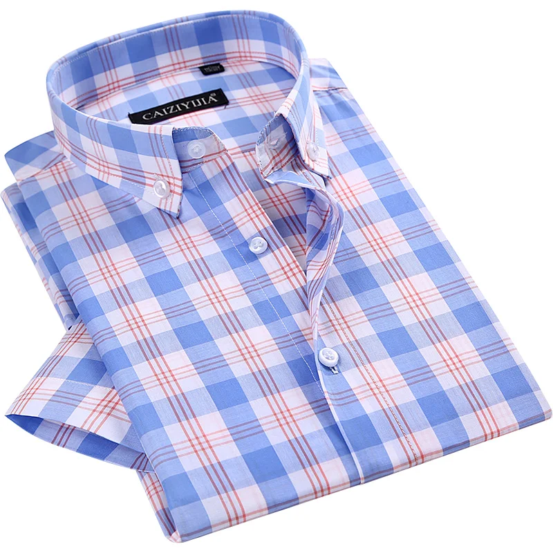 

Brand 100% Pure Cotton High Quality Plaid Short Sleeve Business Casual Men Shirts Button-down Collar Non-iron Leisure Men Shirts