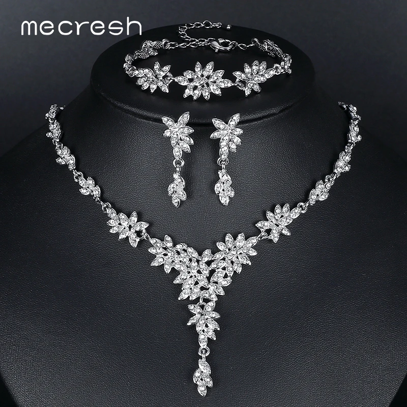 Mecresh Leaf Crystal Wedding Jewelry Sets for Women Silver