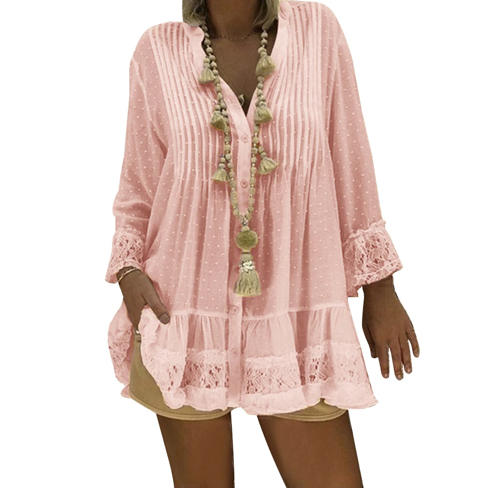 

SHUJIN 2019 New Women Casual Lace V neck Shirt Ladies Summer Long Sleeve Loose Blouses and Shirts Summer Plus Size 5XL Tops