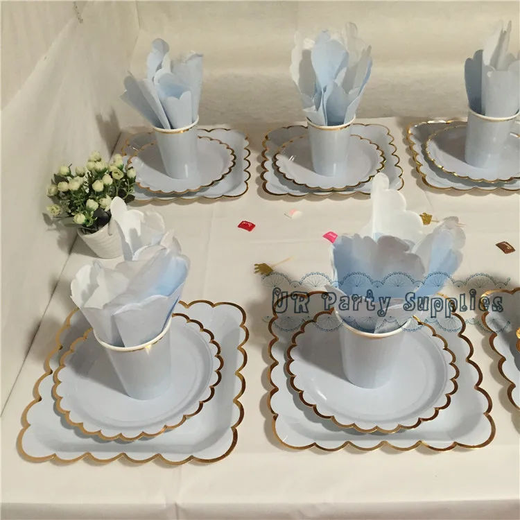 

40 Sets Light Blue Foil Gold Party Paper Tableware Paper Plate Cups Napkins Straws Set Pastel Blue Birthday Wedding Supplies