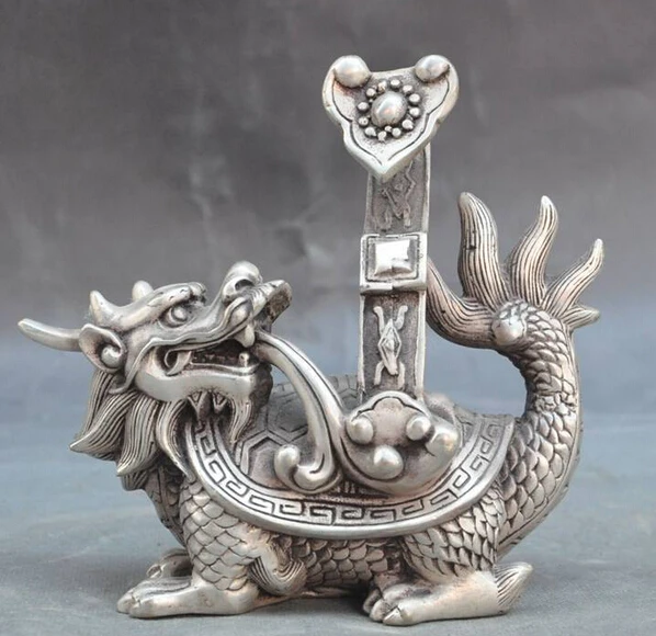 

decoration bronze factory outlets Tibet Silver 5" china silver fengshui Auspicious wealth lucky ruyi Dragon turtle beast statue