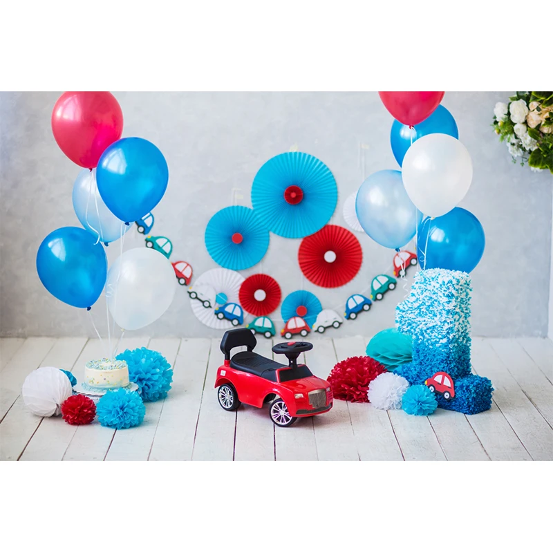 HUAYI birthday backdrop background paper decorations for baby boy with balloons toy car blue cake smash photo session LW-1091