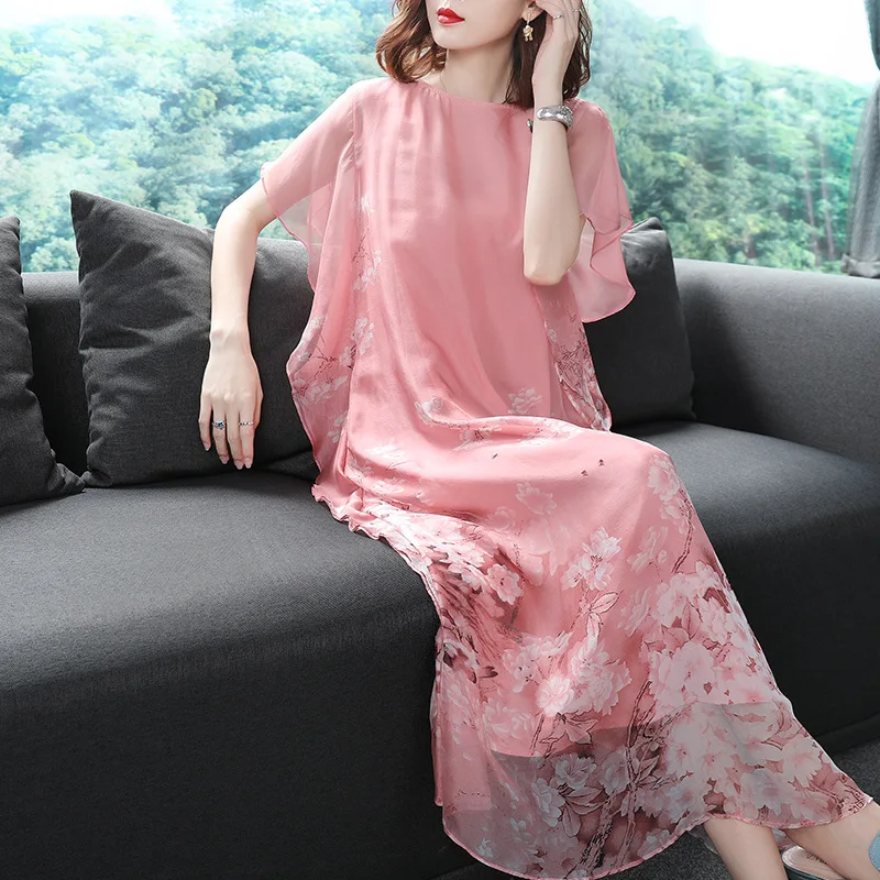 

Summer New Style 3 Colors Silk Printing Dress Women's O-Neck Print Loose Temperament A-Line Soft Cool Fashion Long Dress XXXL