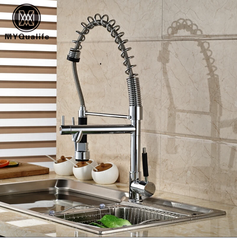 

Chrome Finish Tall Deck Mount Sink Kitchen Mixer Faucet Single Handle Dual Water Spout with Hot and Cold Water Taps