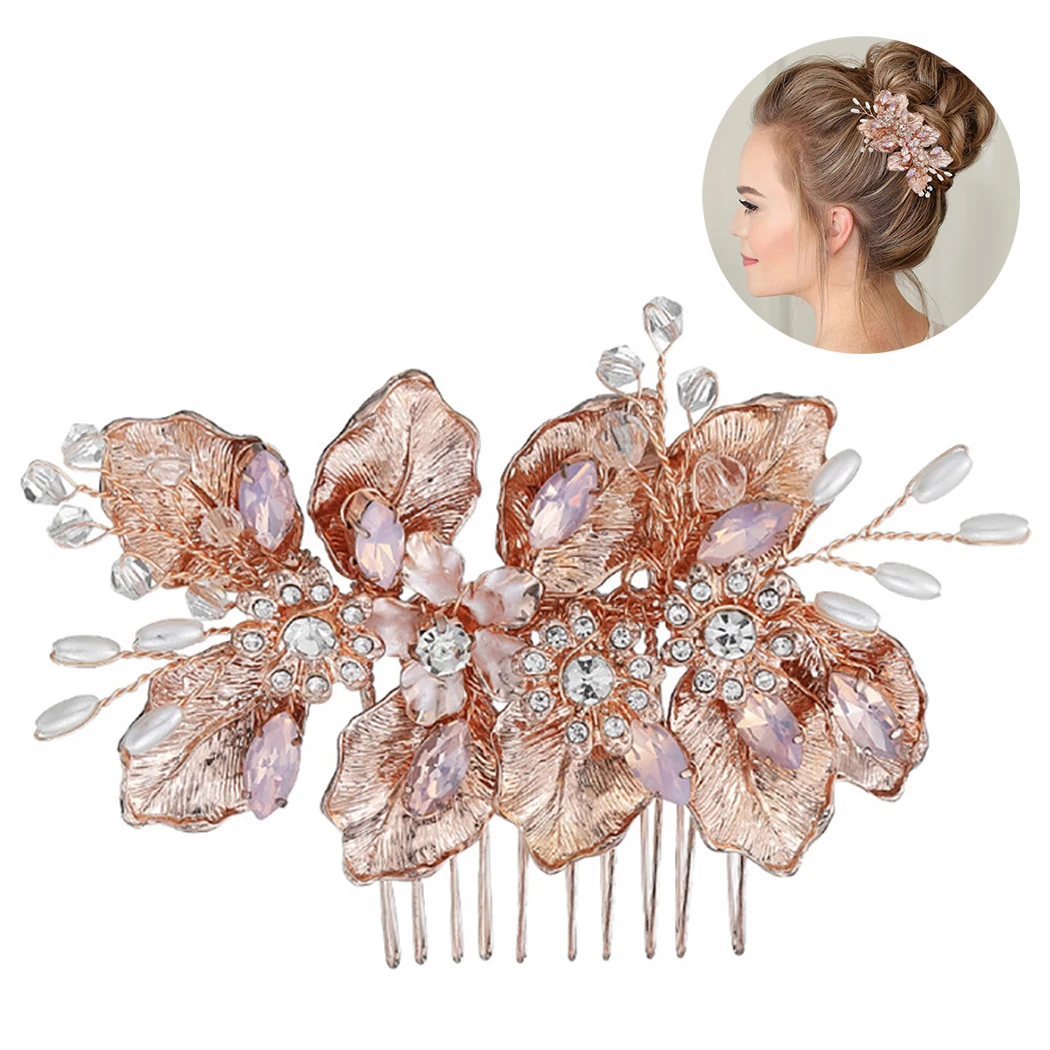 

Women Rose Gold Pearl Rhinestone Hair Combs Leaf Flower Handmade Bride Headdress Wedding Bridal Head Piece Hair Accessories