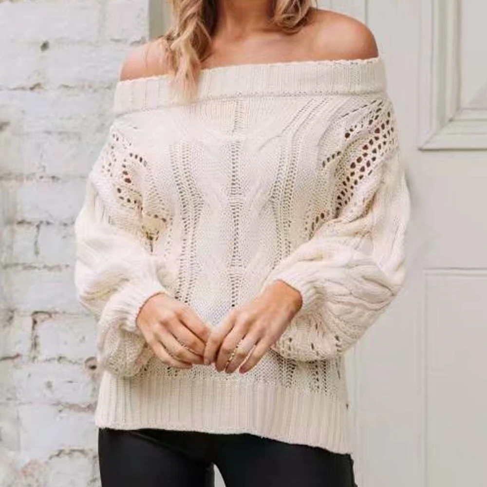 

Missord 2019 Autumn and Winter Sexy Slash Neck Off Shoulder Long Sleeve Hollow Out Backless Sweater FT19627