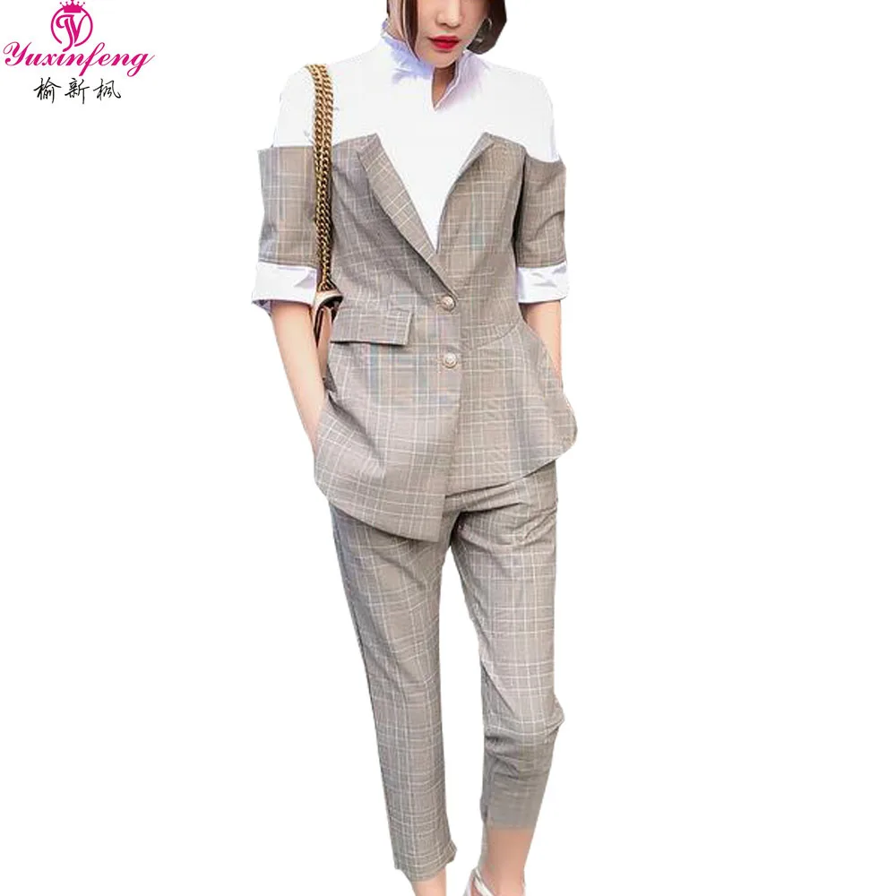 Yuxinfeng New Spring Autumn Women Blazer Pants Suit Sexy Fashion Plaid Patchwork Work Trousers Suit Set 2 pieces Outfits Yuxinfeng New Spring Autumn Women Blazer Pants Suit Sexy Fashion Plaid Patchwork Work Trousers Suit Set 2 pieces Outfits