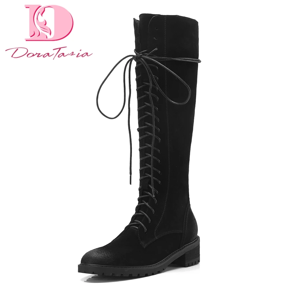 

Doratasia 2018 Cow Suede leather top quality square Heels Zip Up Woman Boots Shoes Woman Black Knee-High Boots riding boots