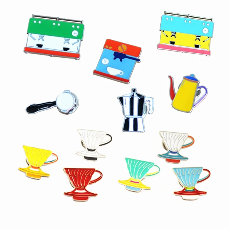 

Free Shipping Cartoon Cute Hand Rush Mocha Pot Filter Cup Coffee machine Metal Brooch Pins Badge Jeans Decoration Gift Wholesale