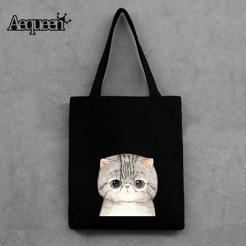 

AEQUEEN Cute Cat Printing Canvas Handbag Women Shoulder Bags Eco-friendly Shopping Bags Daily Use Casual Totes Girls Cartoon Bag