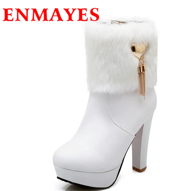 

ENMAYES Fashion Winter Women Ankle Boots PU with Fur Zip Round Toe Boots Square Heels Women Boots High Pumps Platform Casual