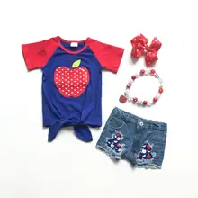 Летние комплекты детской одежды для маленьких девочек в школьном стиле; топ с галстуком; джинсовые шорты; цвет красный, королевский, яблочный; хлопковые, с оборками; подходящие аксессуары