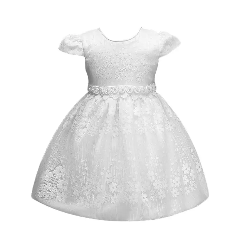 Baby Girls Jacquard Pearl Belt O-Neck Party Tutu Princess Dress Gown Elegant Ball Gown Clothes  flower Princess Dress