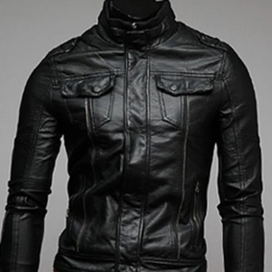 Zogaa Men Jacket Men PU Leather Motorcycle Jacket Stand Collar Solid Slim Fit Faux Leather Jackets and Coats Casual Windproof