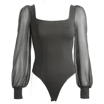 

Trendy Black Mesh Sheer Skinny Black Bodysuit Woman Spring Long Sleeve Sexy Body Office Femme Basic Bodysuit