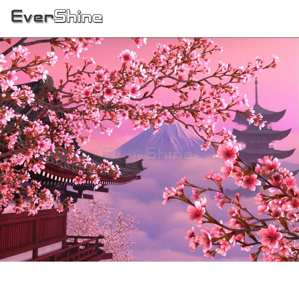 EverShine, алмазная вышивка, пейзаж, стразы, Полная площадь, японская алмазная живопись, цветущая вишня, домашний декор