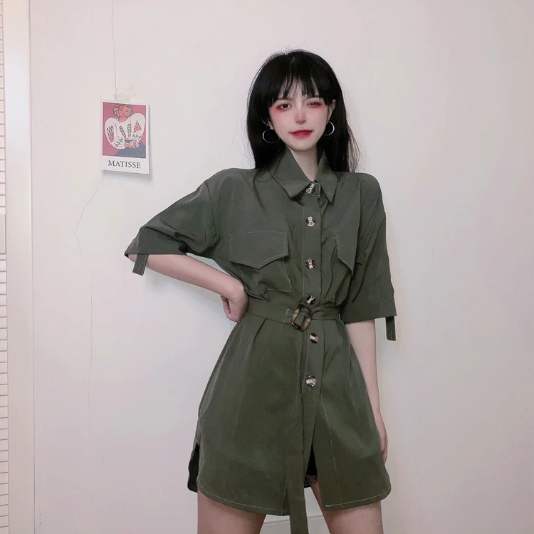 

hipster harajuku style Safari dress woman New brand korean fashion Women's clothing turn-down collar button sashes mini-dresses