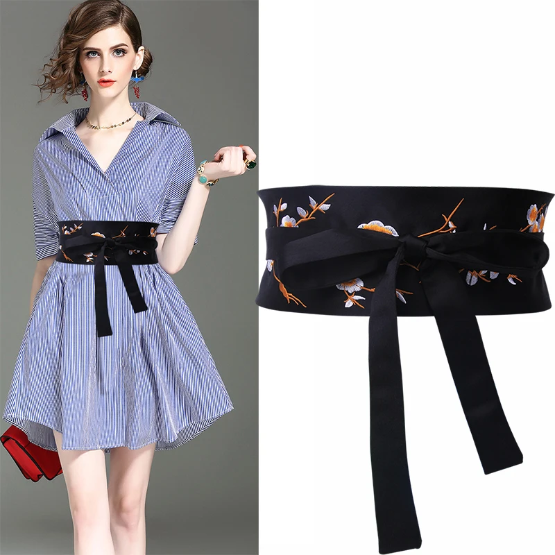 

Black Embroidered Cummerbunds Flower wide Belts for Women Fashion Ladies Double Knot Tie Waistband Accessories Girdle bow design