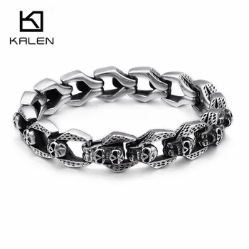 

KALEN Punk Stainless Steel Multiple Skull Heads Charm Bracelets Men 22cm Biker Wrap Handchain Bracelet Drop Shipping Jewelry