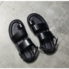 Для мужчин лето толстая подошва Крюк& Петля Натуральная кожаные сандалии на плоской подошве Для мужчин слипоны носком в римском стиле пляжные черные босоножки