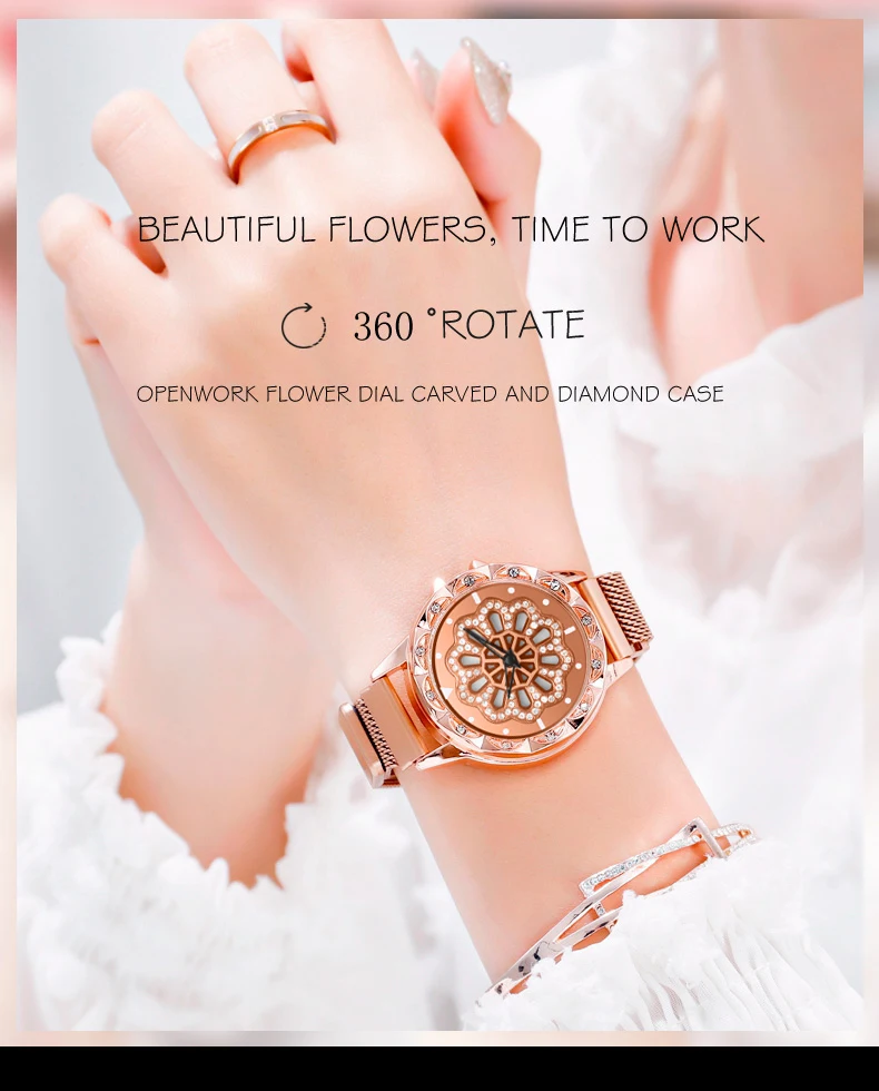 Модные женские вращающиеся часы из розового золота с сеткой, Женские кварцевые наручные часы звездного неба, роскошные магнитные часы, Reloj Mujer