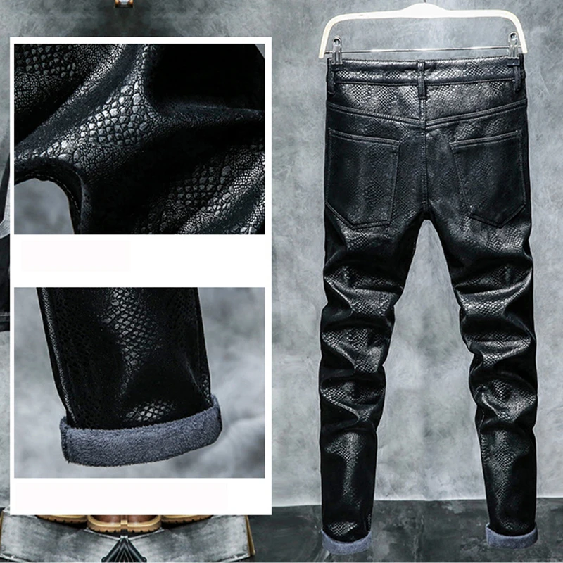 Tsingyi флисовые черные штаны из змеиной кожи, мужские мотоциклетные штаны из искусственной кожи, прямые мужские брюки-карандаш, мужские брюки