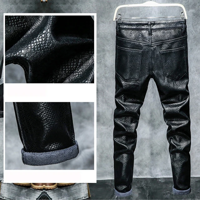 Tsingyi Fleece Black Scales Snakeskin Faux Leather Pants Men Motorcycle Pant PU Leather Straight Men Pencil Pants Male Trousers
