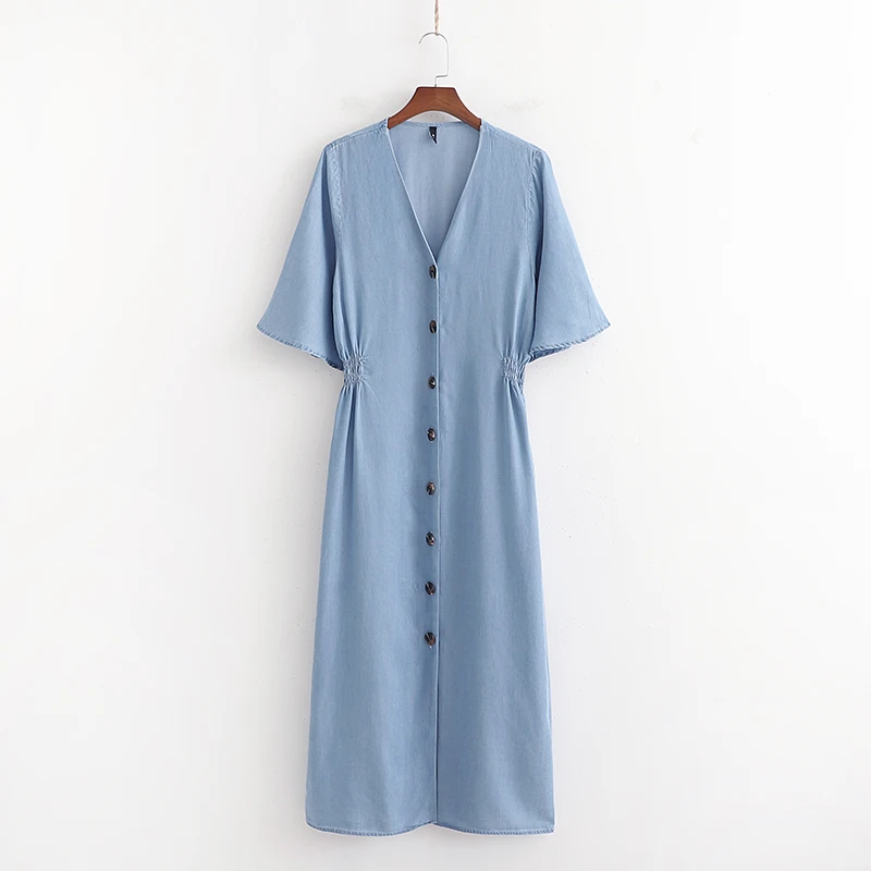 

Solid Color Sexy V Neck Long Dresses Women Fashion Short Sleeve Dress Women Elegant Front Buttons Dress Female Ladies DA02