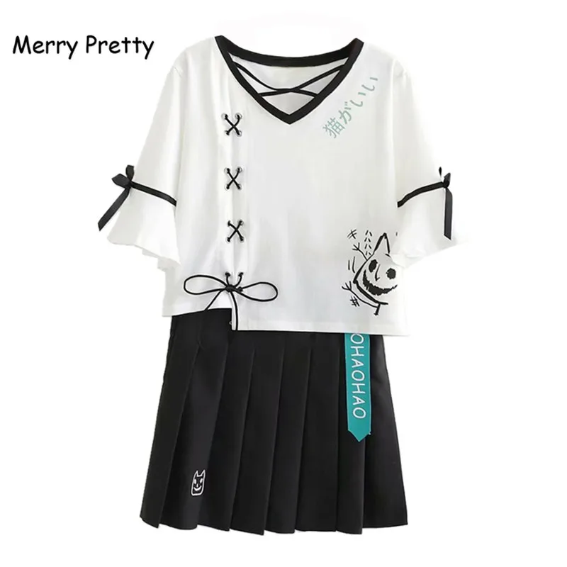 

Merry Pretty summer 2 piece set women lace up white crop top and black pleasted skirt set 2 piece outfits women matching sets