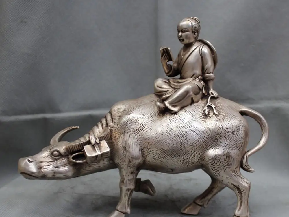 12 &quotКитай Серебро маленький мальчик релеа Зодиак Год бык Oxen статуя скульптура