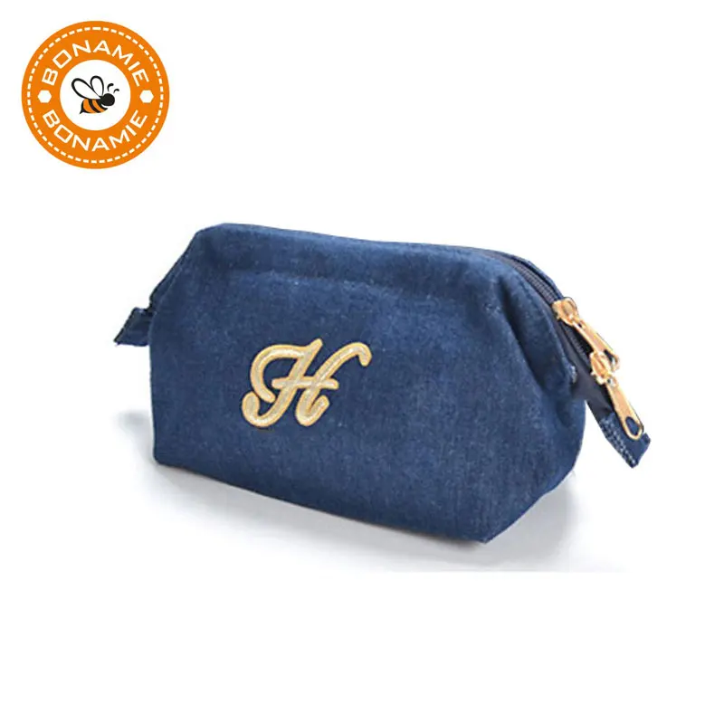 

BONAMIE 14 Letter Denim Women Name Cosmetic Pouch Bag Cute Classic Canvas Thermal Transfer Embroidery Lady Makeup Bag Dark Blue