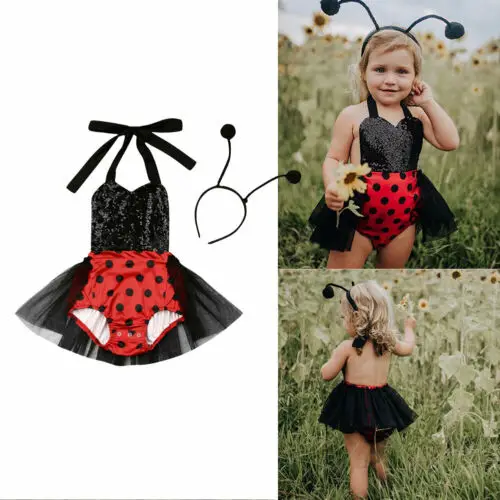 

2019 New UK Toddler Kid Baby Girl Ladybug Cute Sunsuit Tutu Dress Headband Outfits Clothes Top Party cosplay clothes