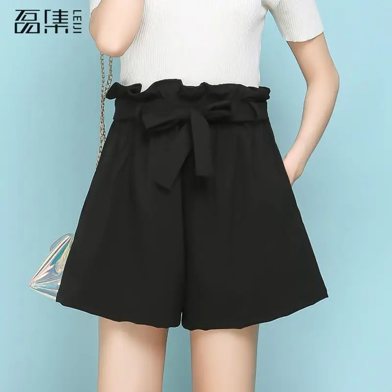 Trousers For Women Chiffon High Waist Knee Length Plus Size Casual Loose Drawstring Black Wide Leg Pants 5xl 6xl | Женская одежда