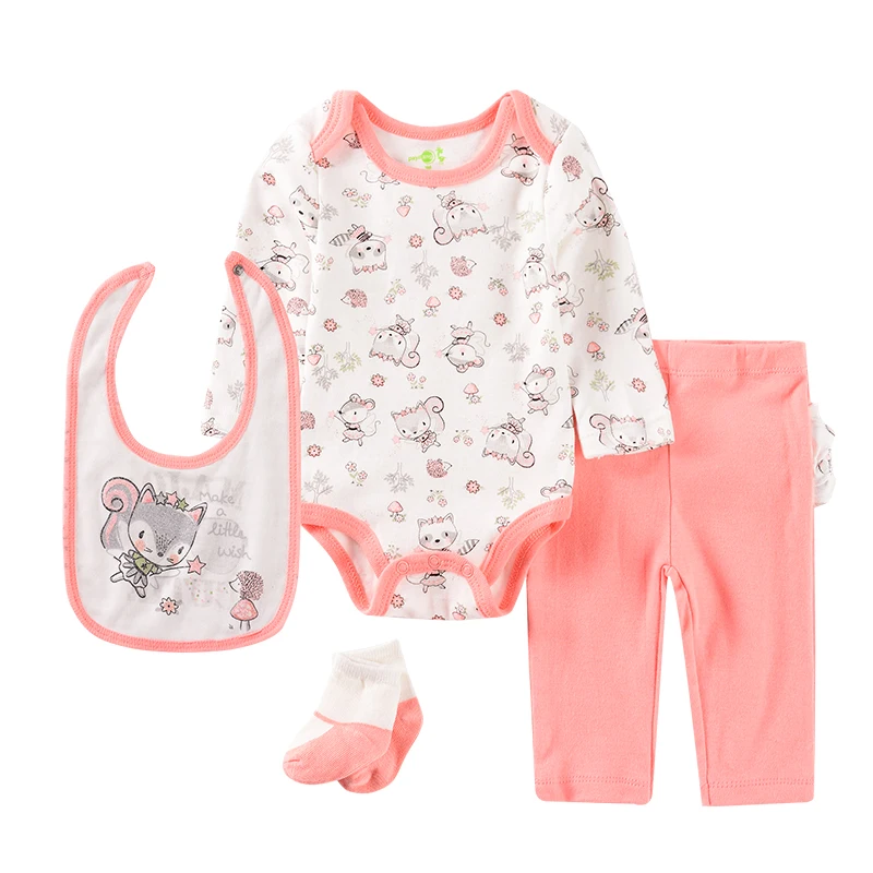 

Baby Clothing Sets Cotton Fox Elephant Printed Girl's Clothes Suit Newborn 4 Piece Long Sleeve Infant Bodysuits+pants +socks+Bib
