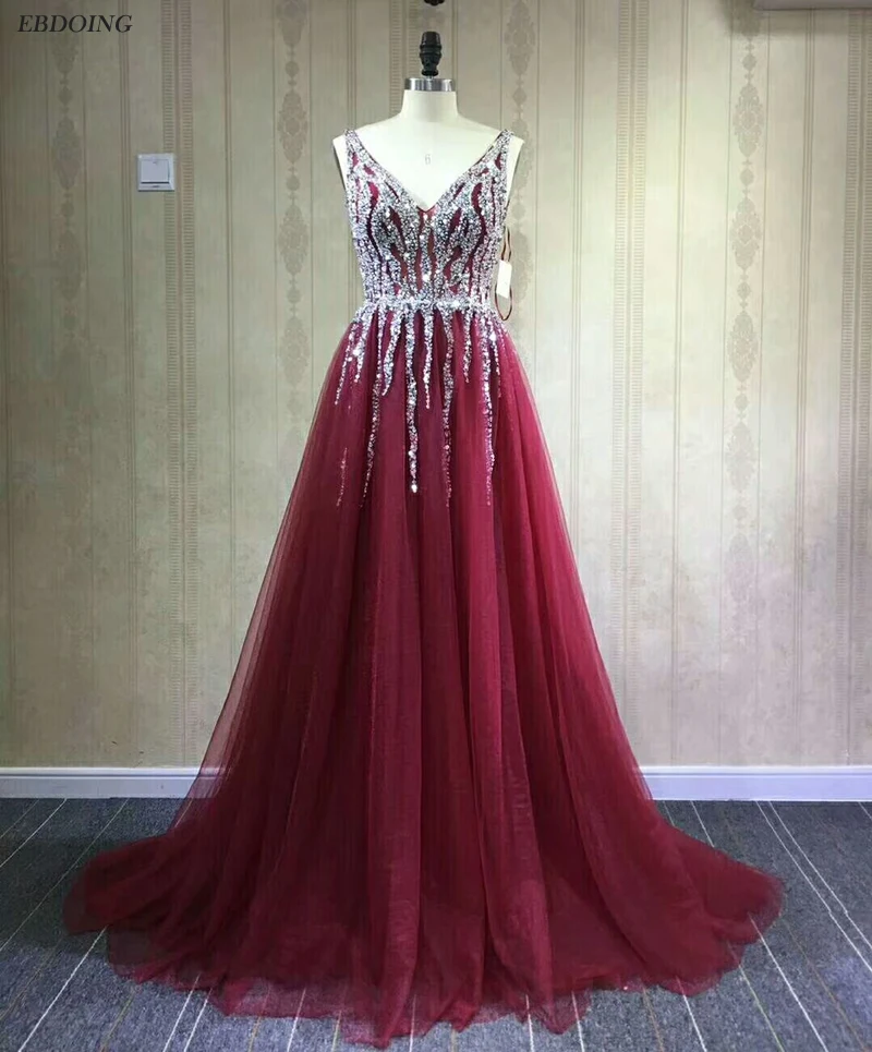 

Real Photo A-line Prom Dress V-neck Neckline Vestidos de festa Backless Sleeveless Plus Sizes Evening Dresses With Beadings