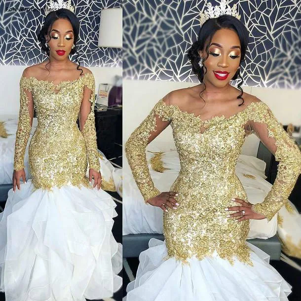 Modest Gold Lace Long Sleeve Wedding Dress Mermaid African Arabic Ruffled Train Long Bridal Gowns Formal BA8870  168
