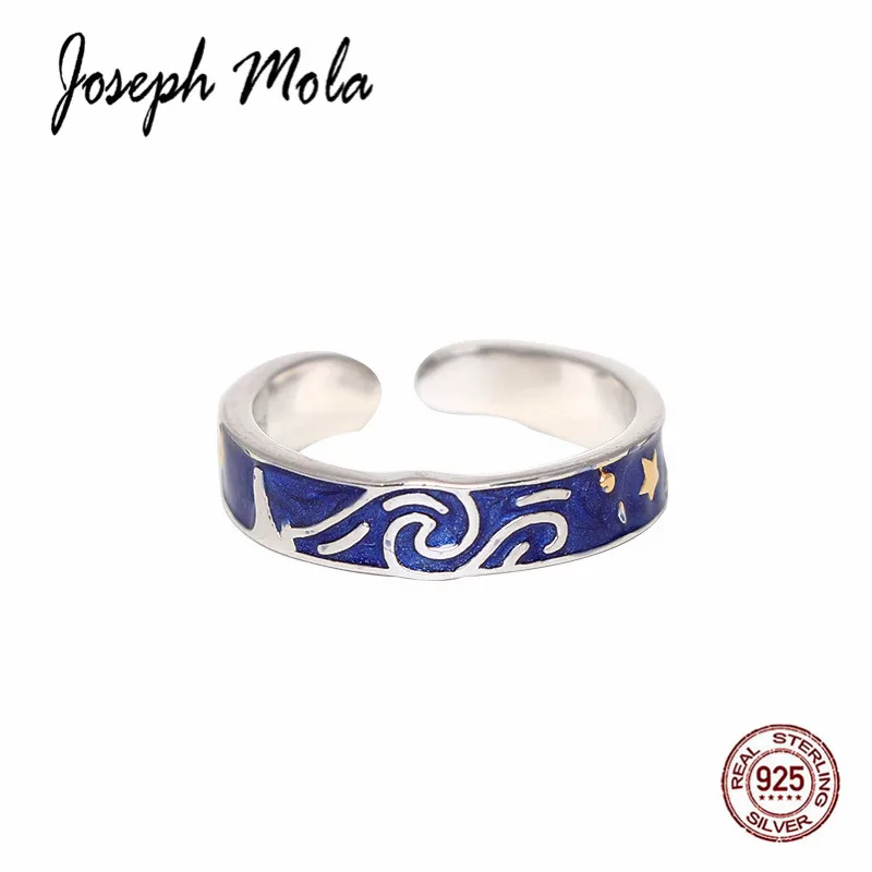 

Joseph Mola 925 Sterling Silver The Starry Night by Vincent van Gogh Resizable Rings For Lovers Women Men Party Engagement Gift
