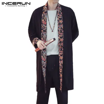 

INCERUN Autumn Men Trench Outwear Long Sleeve Floral Patchwork Lapel Cardigan Casual Long Cloak Coat Men Chinese Style 5XL 2020