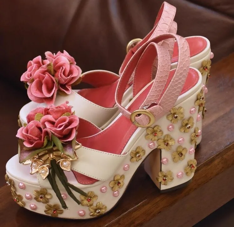 Retro Pink Flower Decorations Platform Sandal for Woman Open Toe