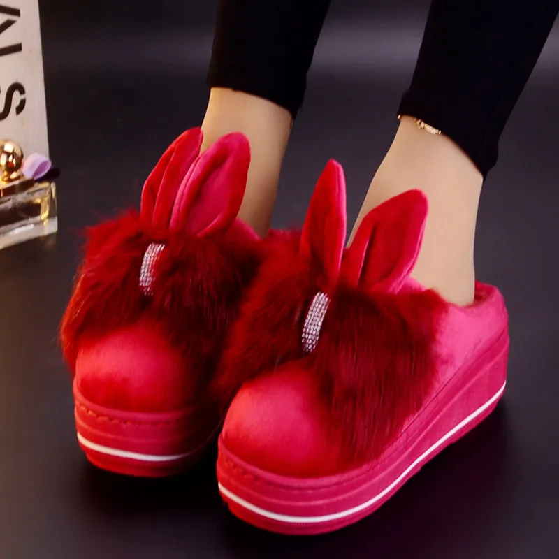 

2019 new cotton ladies cartoon rabbit ears fluff slippers cartoon cute bow thick bottom warm cotton big size winter slippers
