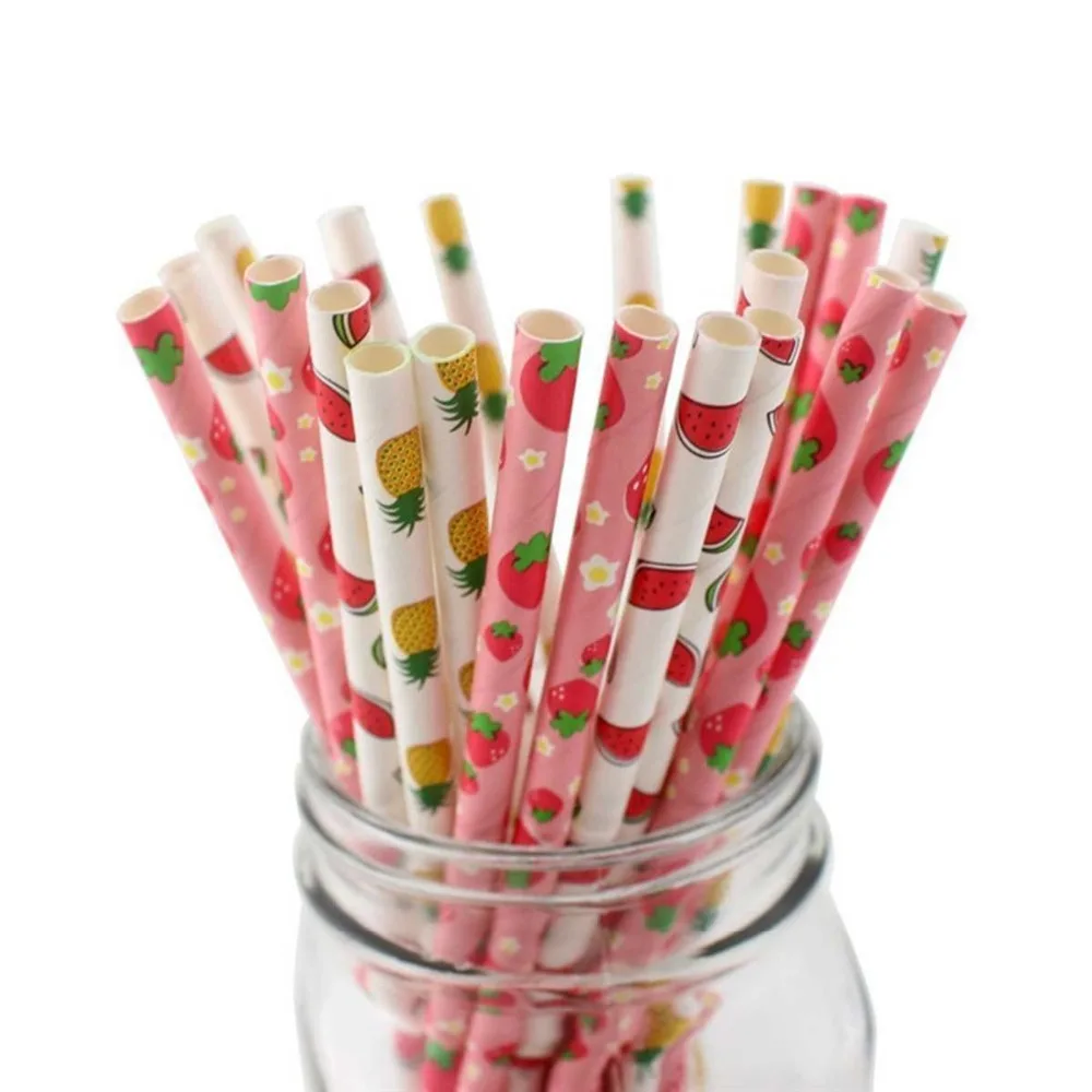 

25pcs Disposable Fruit Paper Straws pineapple strawberry Drinking Straws for birthday wedding Summer Fruit Theme party supplies
