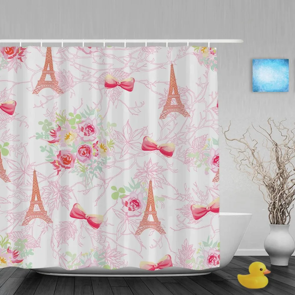 Paris Eiffel Towers Bathroom Curtains Vintage Pink French Bouquets