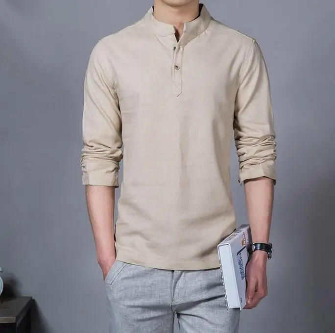 WSGYJ размера плюс 5XL летняя льняная рубашка Мужская винтажная Повседневная китайская рубашка чистый цвет свободная с длинным рукавом мужская одежда - Цвет: Beige