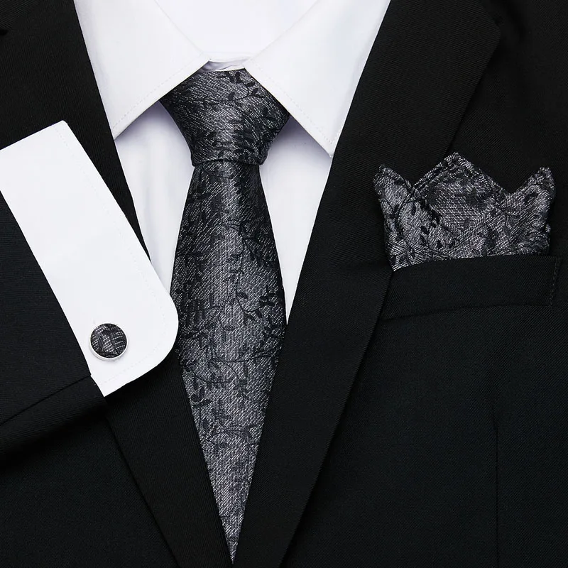 

2019 Fashion Gray Pink Floral 8cm Width Tie Hanky Cufflinks Sets Men's Silk Ties for men Formal Wedding Party