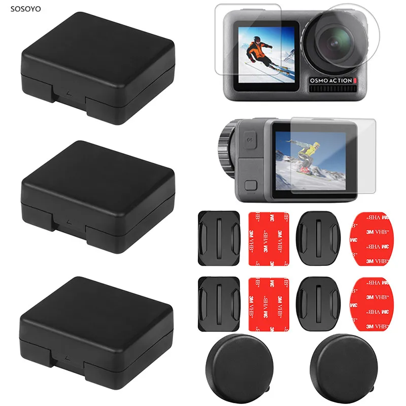 16pcsSet Tempered protective film Battery storage box case lens cover cap Flat arc base Kits For DJI Osmo Action Sports Camera  (7)