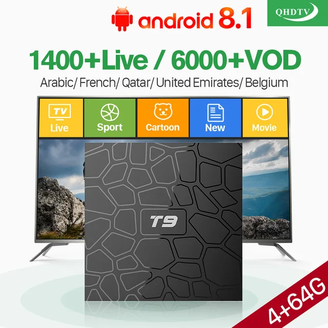 T9 Android 8,1 4G 64 GB IP ТВ коробка QHD ТВ подписка 1400 Каналы HD и стабильный код IPTV Frenc арабский Турции Португалии французский ТВ коробка