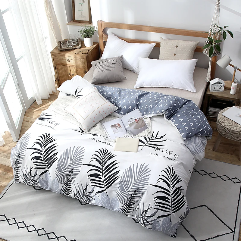 

Ins Style Grey Leaves Pattern 1Pc 100% Cotton Duvet Cover Blanket Case With Zipper (No Quilt) Single Full Queen King Double Size