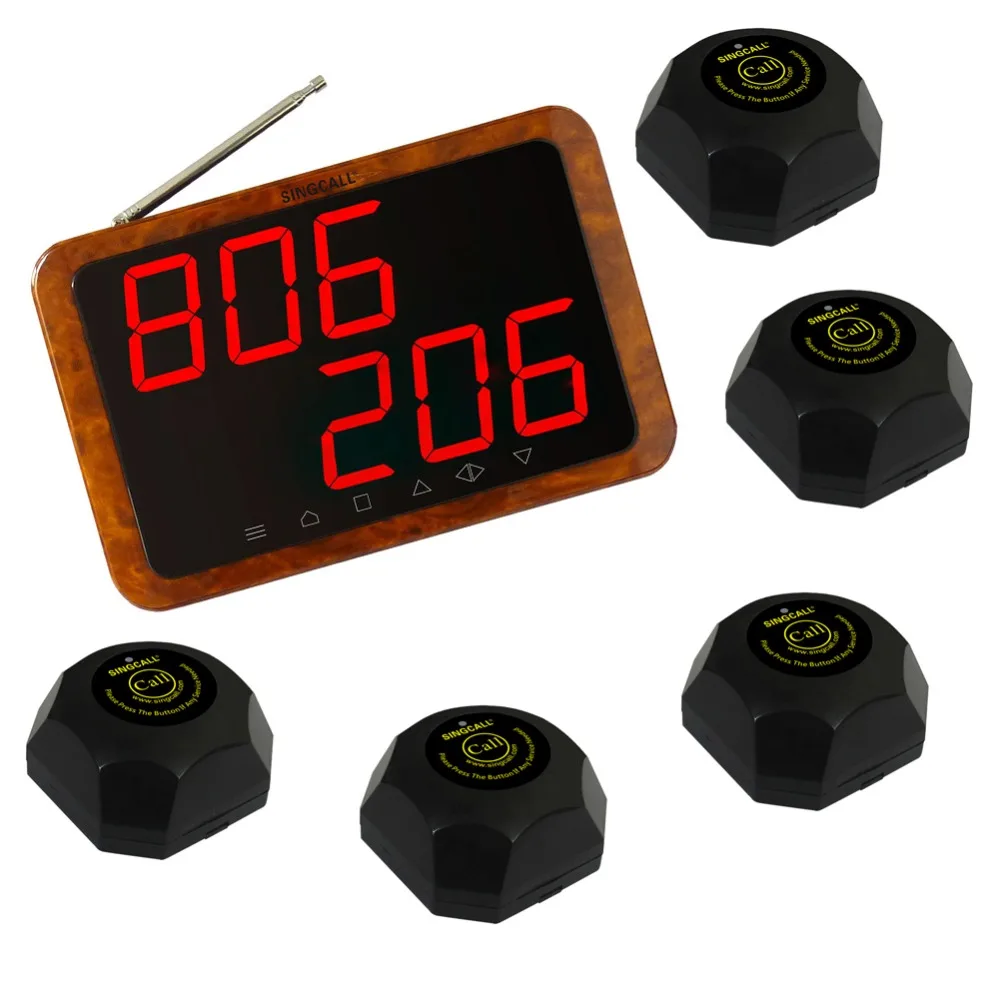 

SINGCALL Wireless call bell system for a restaurant . including 5 pcs table buzzer and 1 pc of APE1200 displayer.